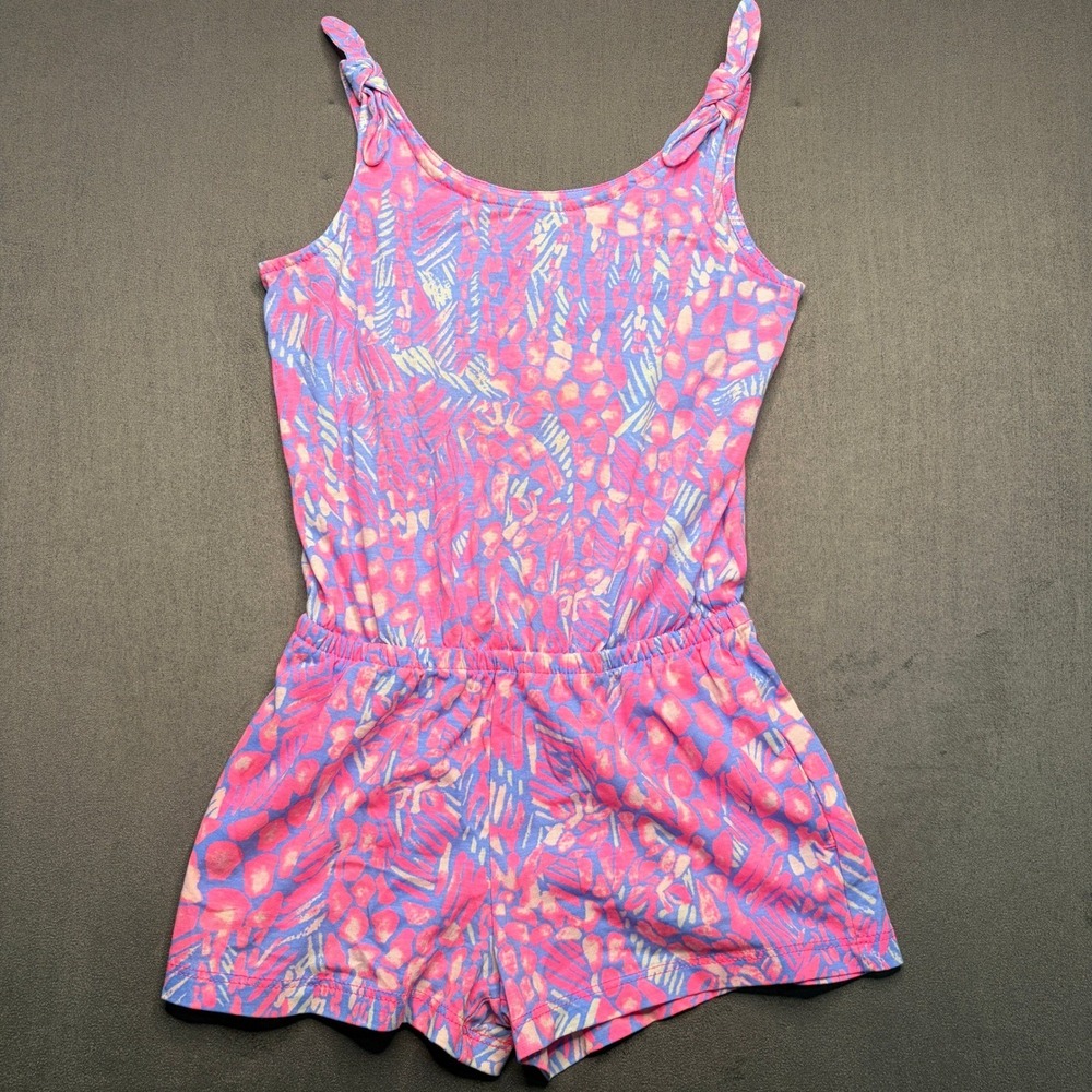 Lilly Pulitzer Romper Girls XS (2-3) Pink Blue Abstract Print Tie Strap Cotton